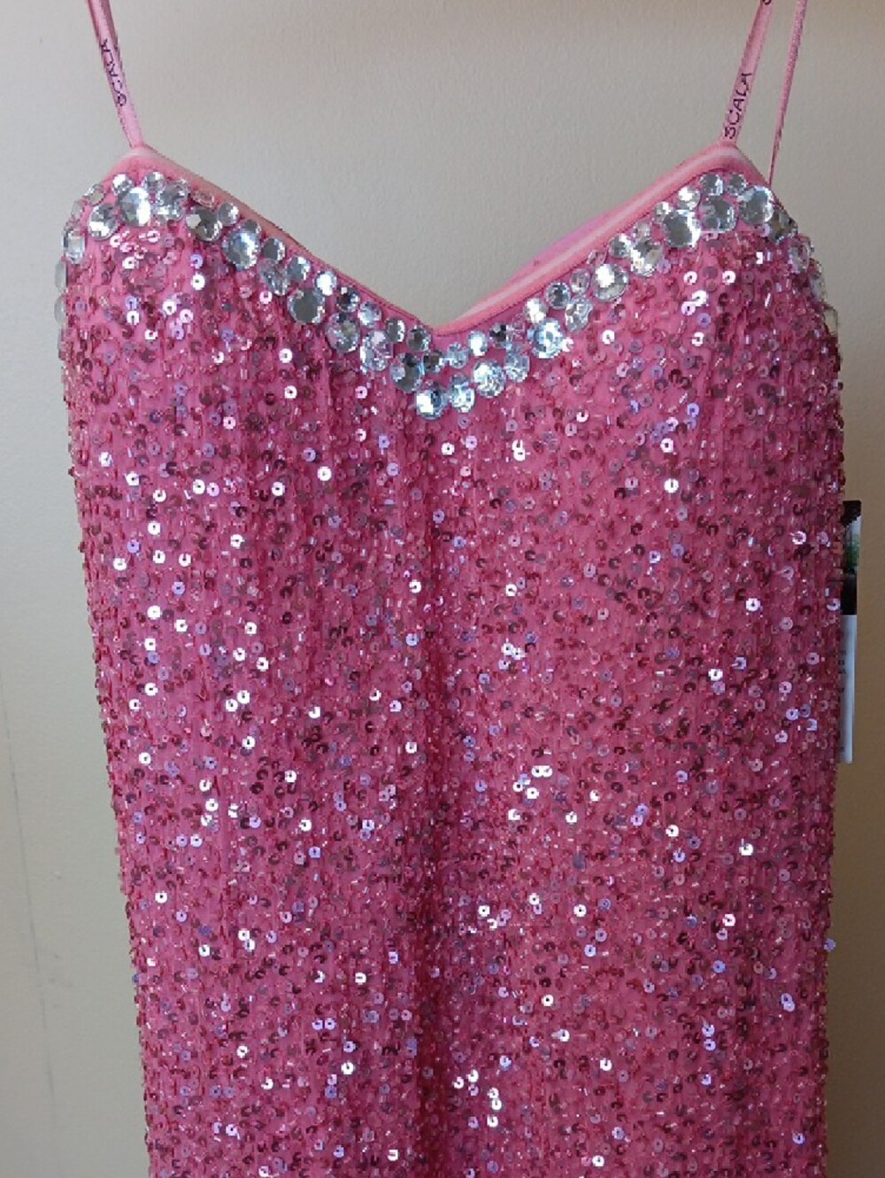 Scala Pink Sequin Slip Dress with Jeweled Neckline, Vintage, Size 8, BEAUTIFUL - Picture 2 of 16